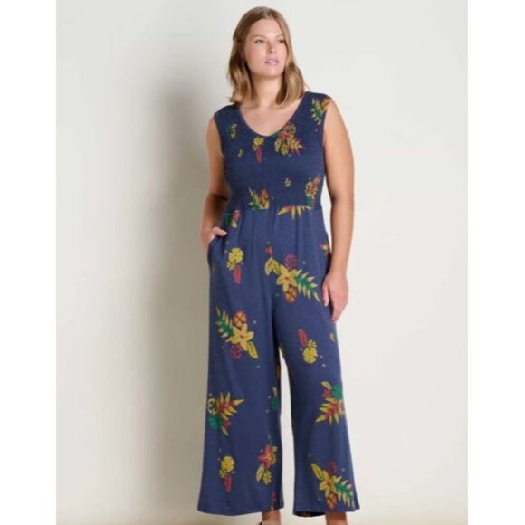 Toad & Co Gemina V Sleeveless Floral Jumpsuit Womens Size XL Wide Leg Pockets - Picture 1 of 11